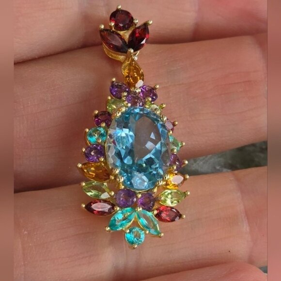925 Sterling Silver Pendant 1.2x4cm with Natural Topaz, Citrine, Amethyst Gems - Picture 5 of 7